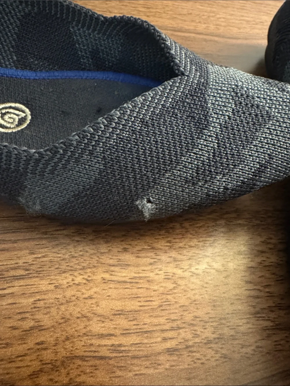 Rothy's Pointed Knit Flats in Black and Gray with Blue Trim
